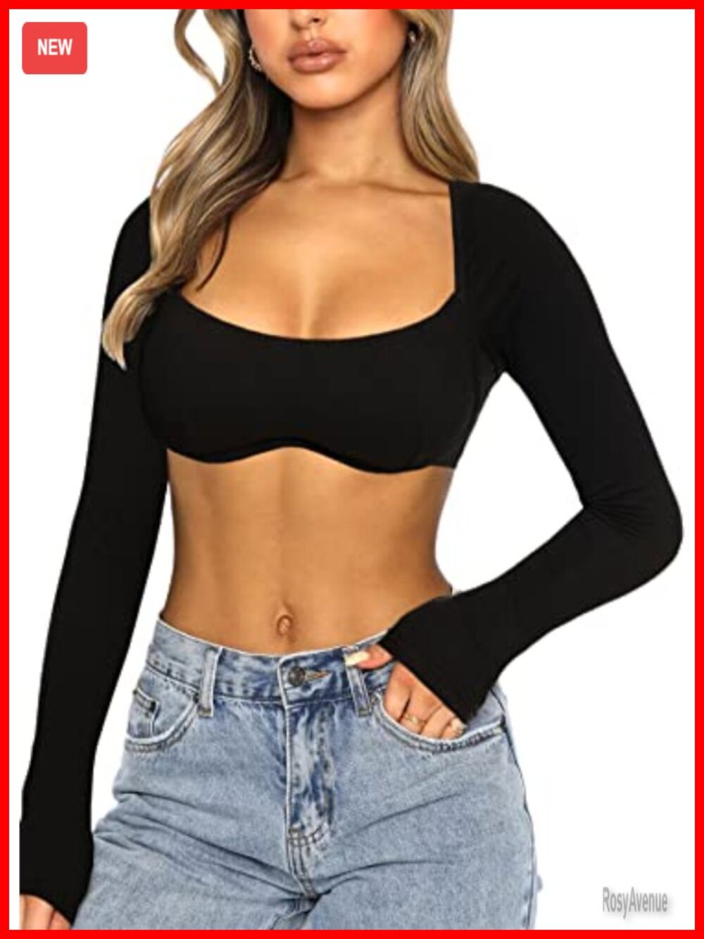 Ribbed Knit Corset Crop Top Long Sleeve Square Neck Going Out